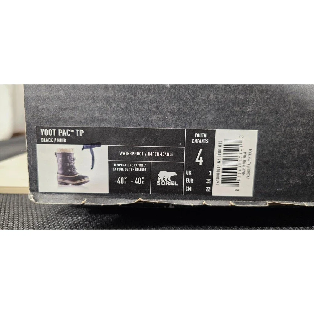 Sorel Yoot Pac Winter Boots Waterproof Insulated Black Snow Unisex Youth 4